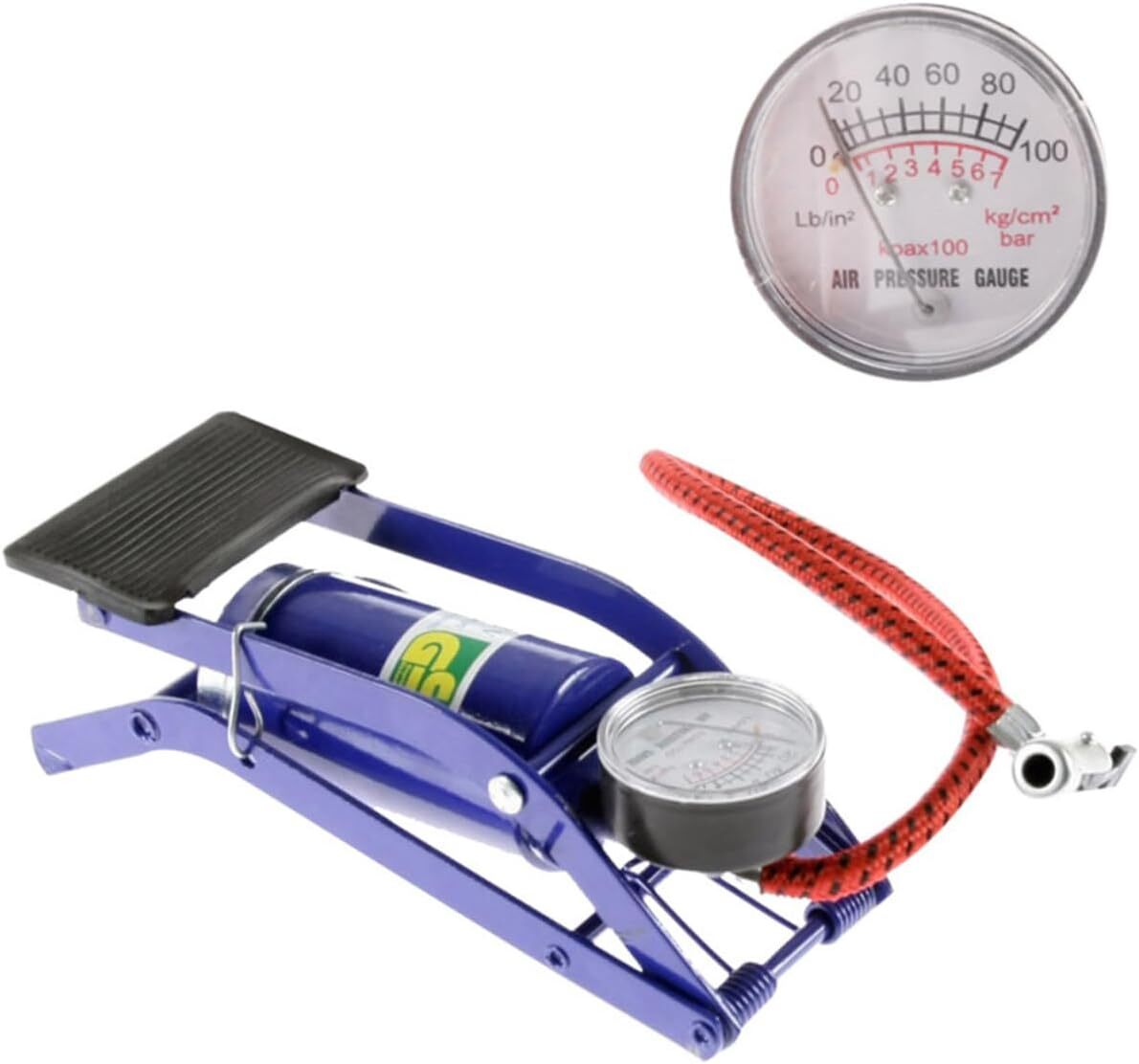 High-pressure foot air pump with gauge for inflating toys, bicycles, beds - kid-friendly.