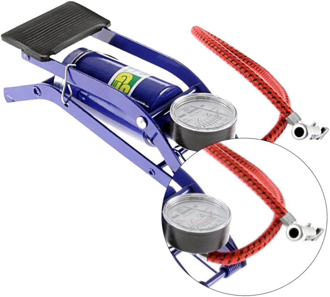 Kids high-pressure foot pump with gauge for inflating tyres, bikes, balls, mattresses.