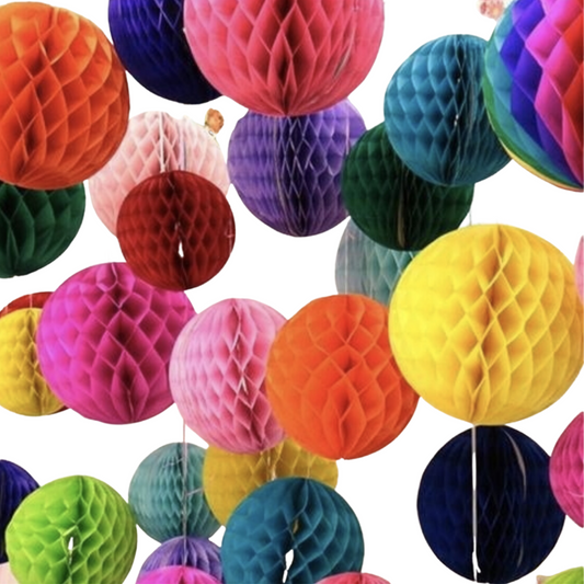 Vibrant honeycomb balls | 12-pack party decorations for kids celebrations, creating a festive atmosphere.