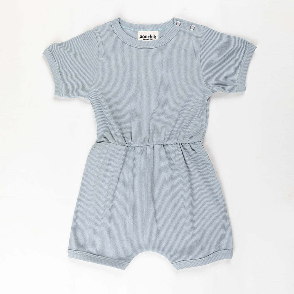 Ponchik Babies + Kids Ribbed Cotton Romper in Capri Blue, ideal for infants.