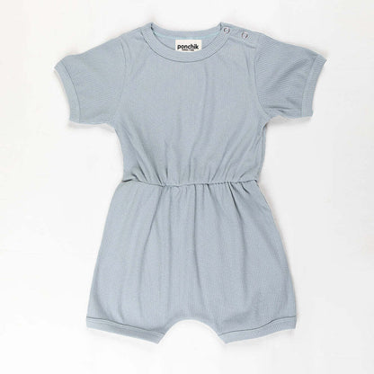 Ponchik Babies + Kids Ribbed Cotton Romper in Capri Blue, ideal for infants.