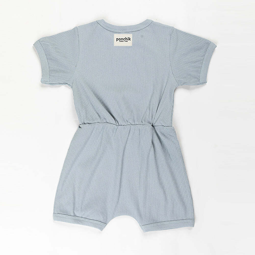 Ribbed cotton romper in Capri Blue for babies 0-3 months, ideal for comfortable home wear.