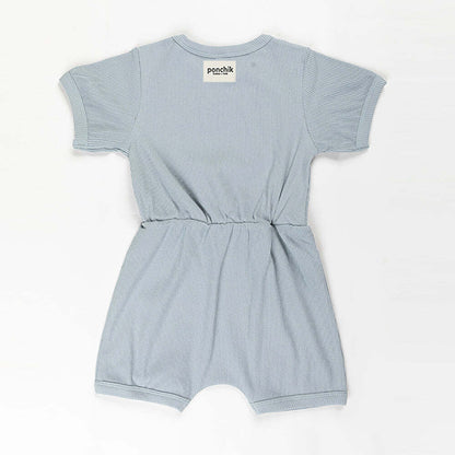 Ribbed cotton romper in Capri Blue for babies 0-3 months, ideal for comfortable home wear.