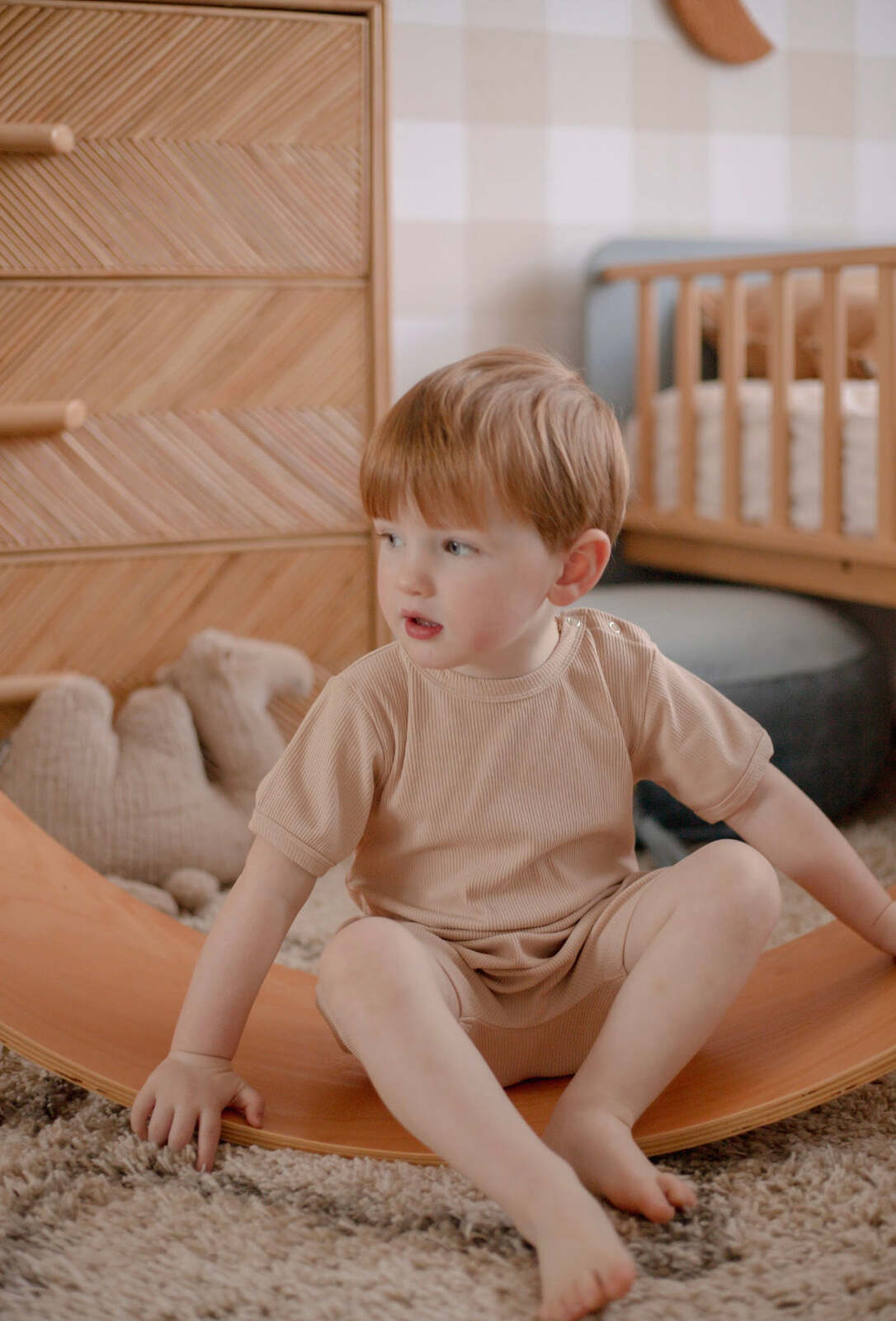 Ponchik Babies + Kids Ribbed Cotton Romper in Sugar Cookie for 3-6 months.