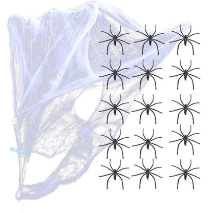 Stretchable Spider Web Halloween Decoration with 2 Spiders for spooky kids room decor.