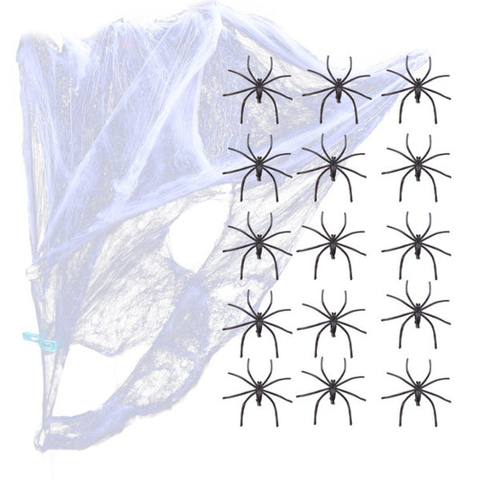 Stretchable Spider Web Halloween Decoration with 2 Spiders for spooky kids room decor.