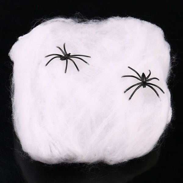 Stretchable spider web Halloween decoration with 2 spiders, fun for kids haunted house decor.