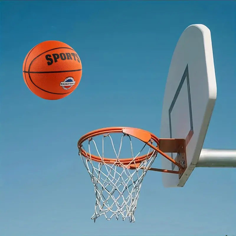 Official size 7 rubber basketball in black and orange for kids home play.