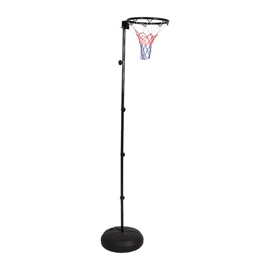 Portable netball ring for kids & adults, adjustable height stand for home use.