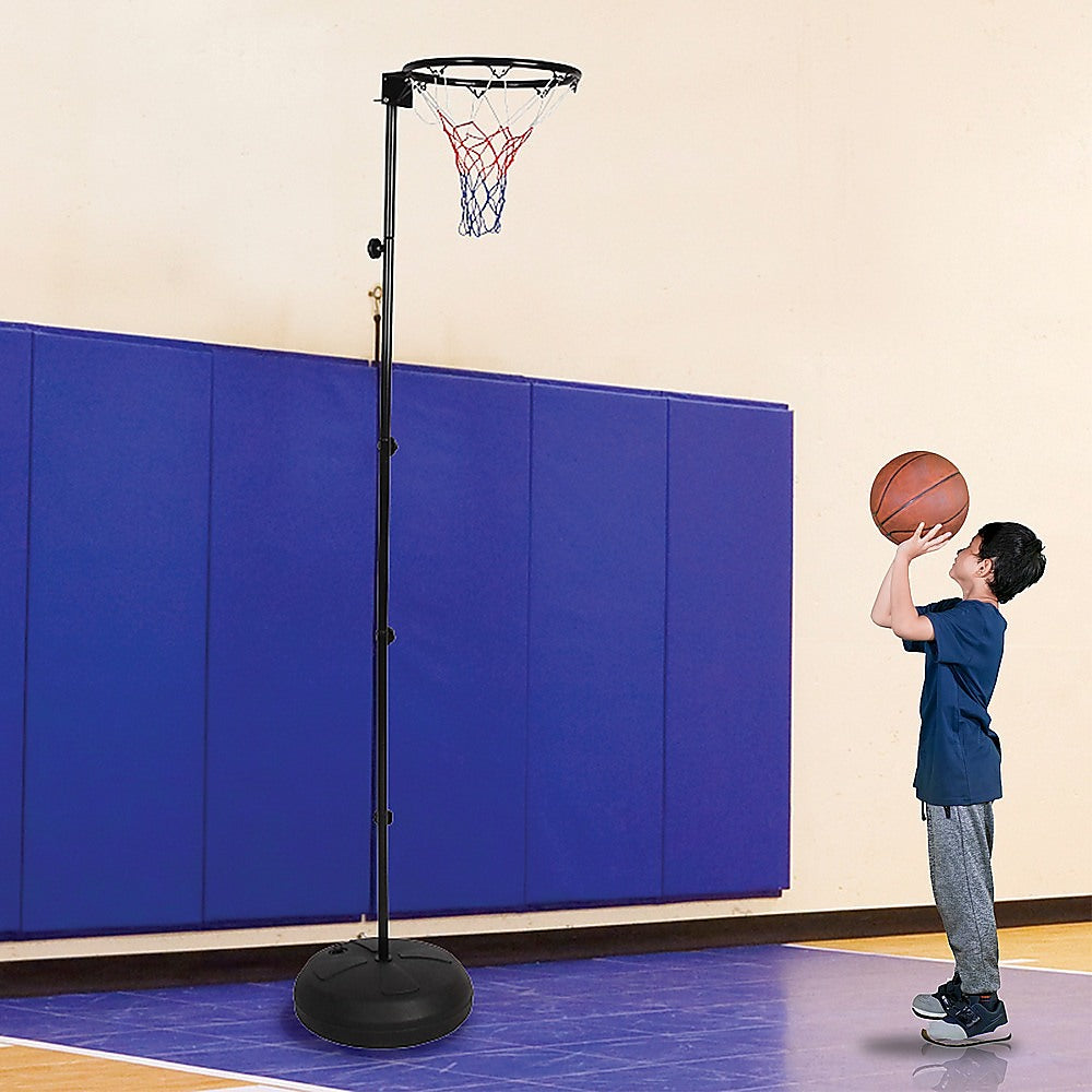 Adjustable netball ring and stand for kids and adults, portable and ideal for home play.