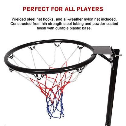 Portable netball ring and stand with adjustable height for kids and adults at home.