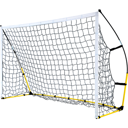 Portable 8x5 soccer goal with easy setup for kids, ideal for backyard play.