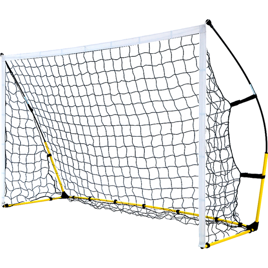 Portable 8x5 soccer goal with easy setup for kids, ideal for backyard play.