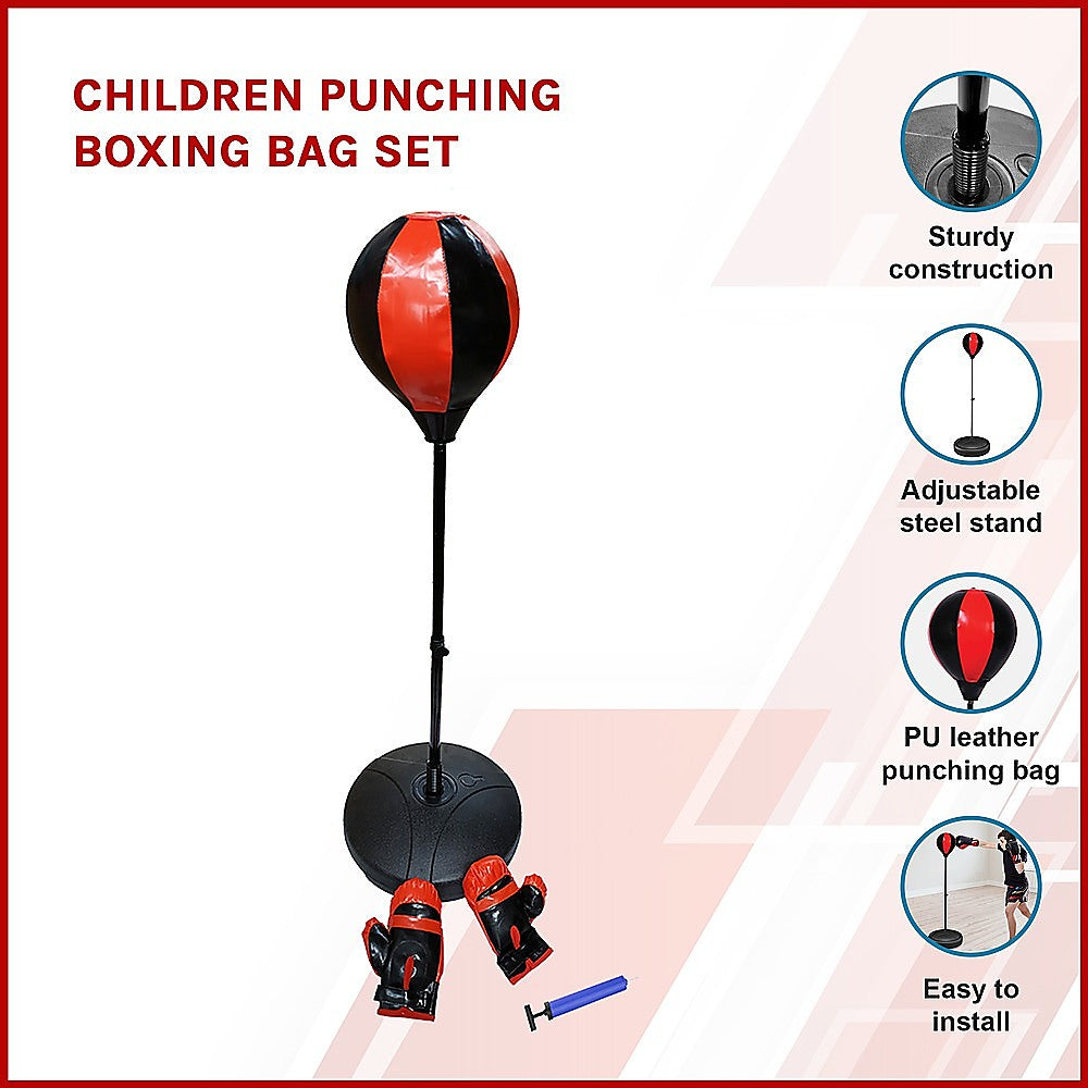 Kids boxing set with adjustable punching bag and gloves for fun home workouts.