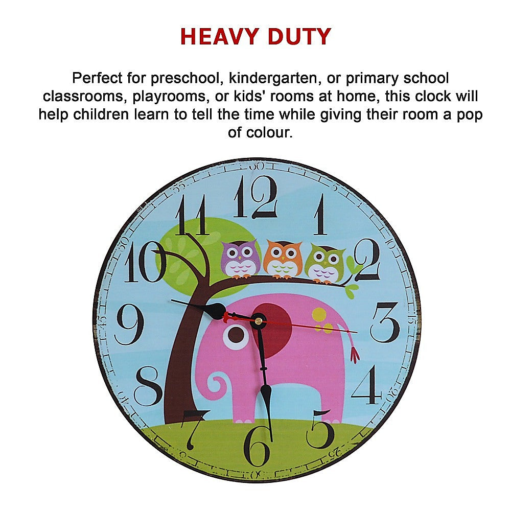 Vibrant animal-themed kids wall clock for fun learning activities at home.
