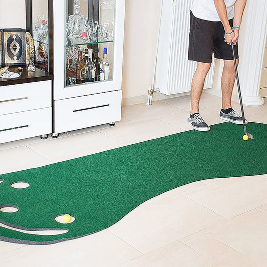 Kids indoor putting green with 3 cups and sand traps, sized 95x275cm for home fun.