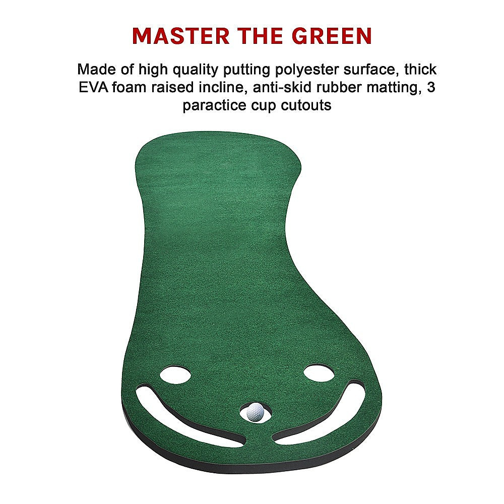 Kids indoor putting green set with 3 cups & sand traps for home fun.