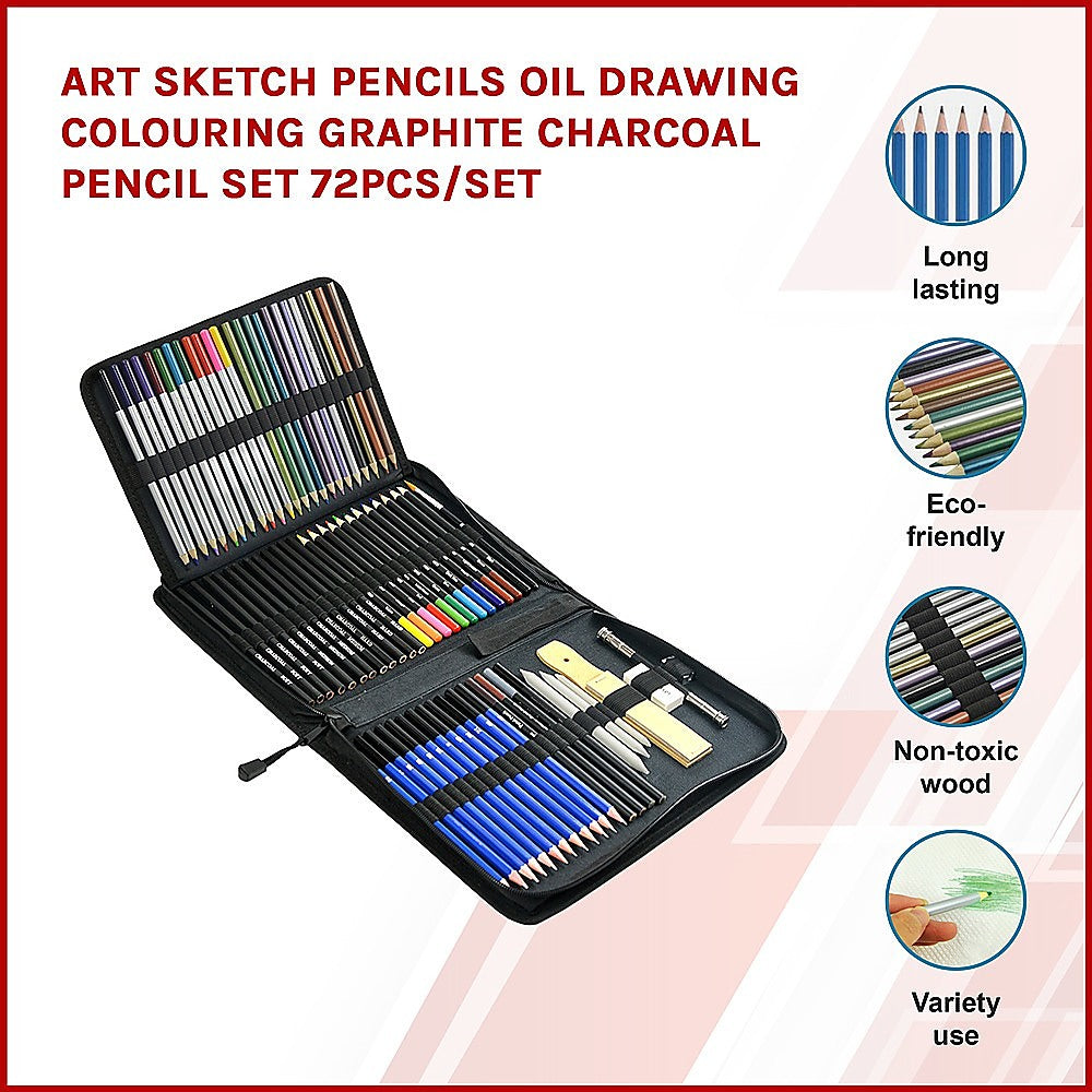 Colorful 72-piece drawing pencil set for kids artistic creations at home.