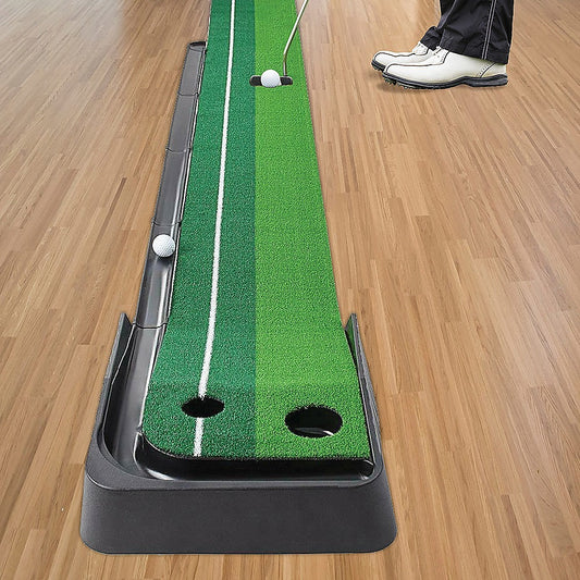 Kids indoor golf putting mat with ball return, 2.5m length, perfect for home practice.