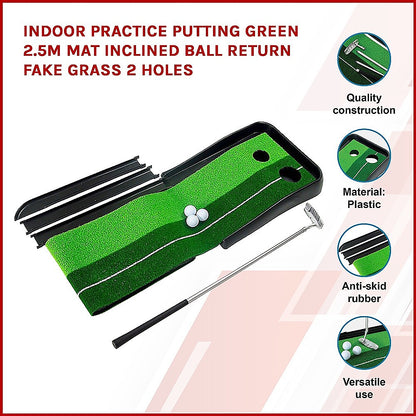 Kids indoor putting mat with ball return for home golf practice, 2.5m length.