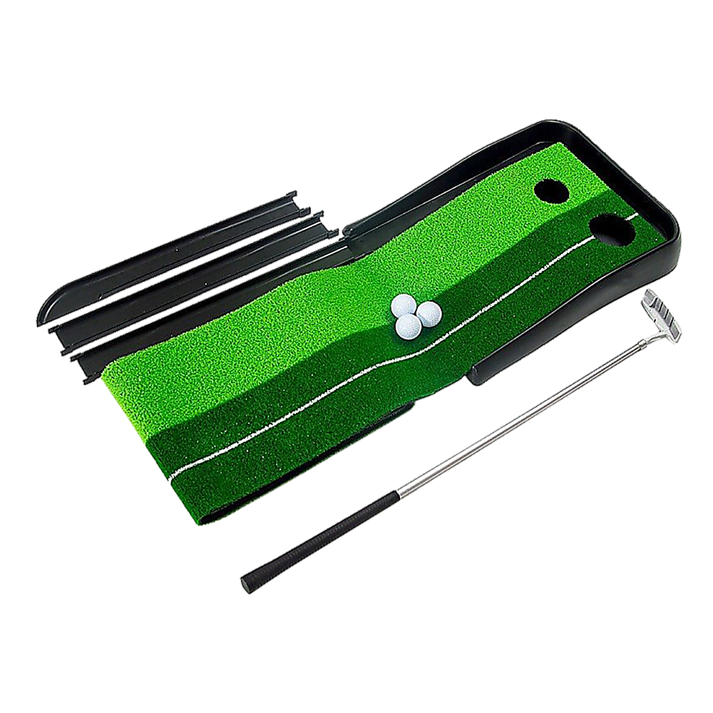 Kids golf putting mat with ball return for indoor play, 2.5m length, home entertainment.