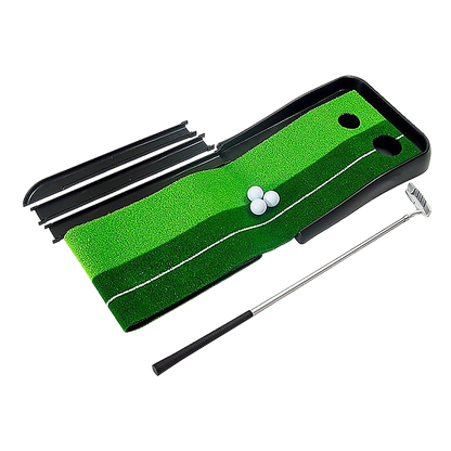 Kids golf putting mat with ball return for indoor play, 2.5m length, home entertainment.