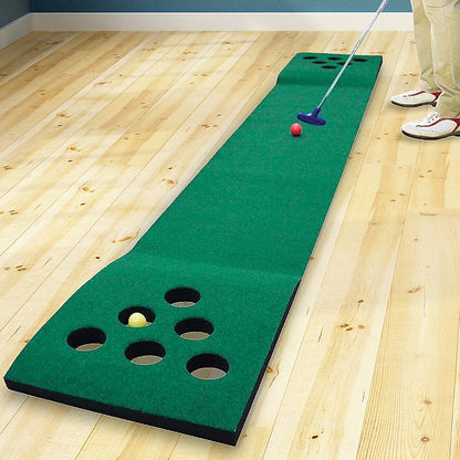 Kid-friendly mini golf set with 6 holes, 2 putters, and 6 balls for home fun.