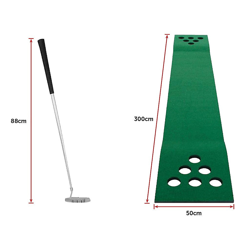 Kids mini golf putting set with 6 holes, 2 putters, and 6 balls for home fun.