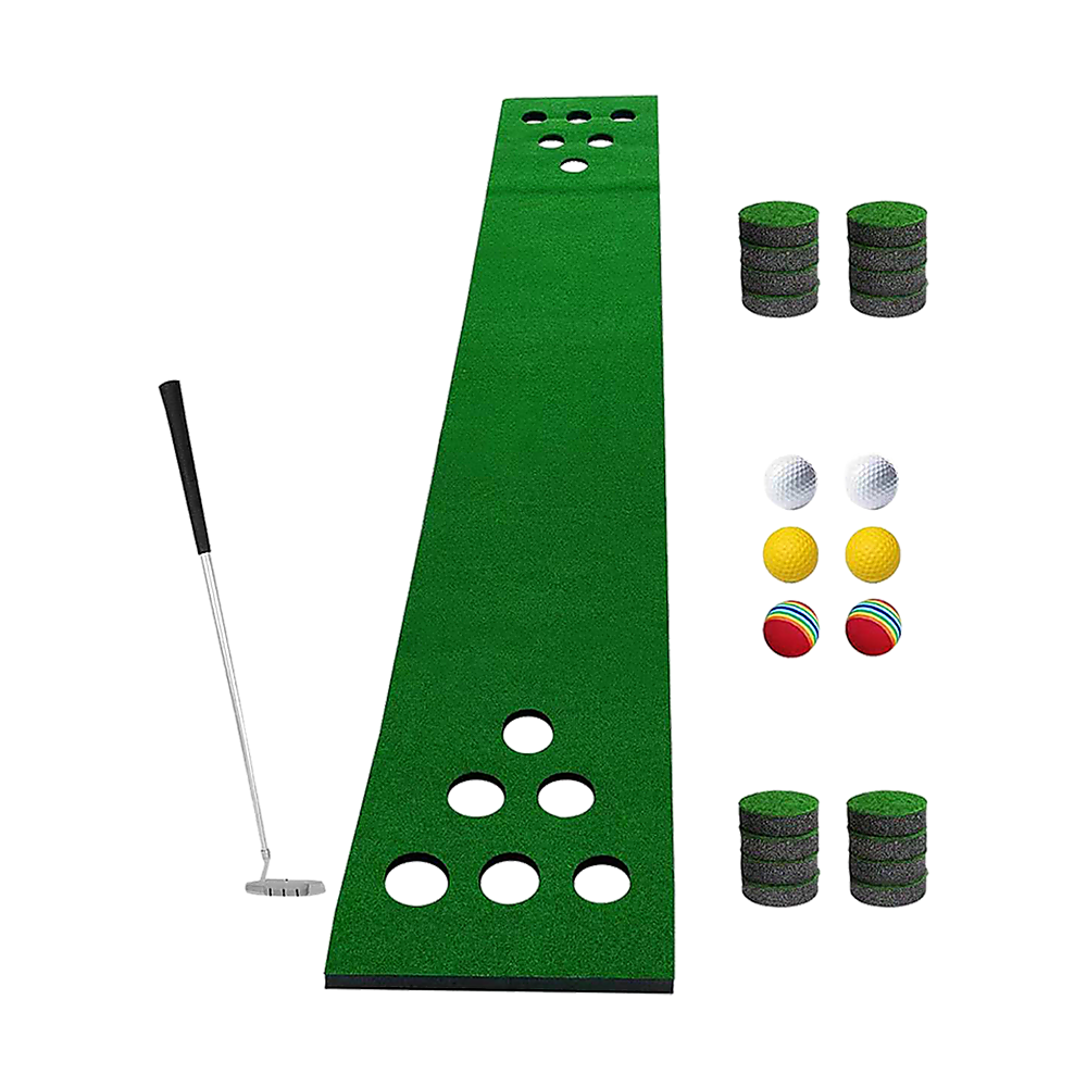 Kids 6-hole mini golf set with putters and balls, perfect for indoor fun.