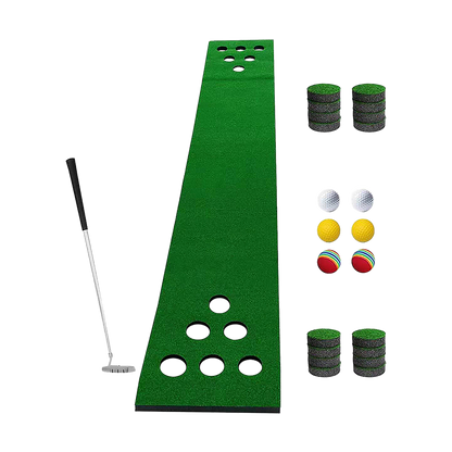 Kids 6-hole mini golf set with putters and balls, perfect for indoor fun.