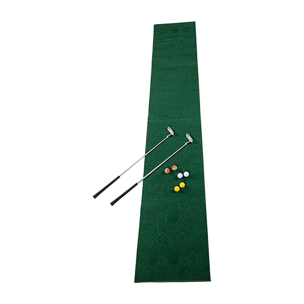 Kids mini golf set with 6 holes, 2 putters, and 6 balls for indoor fun.