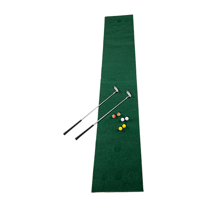 Kids mini golf set with 6 holes, 2 putters, and 6 balls for indoor fun.