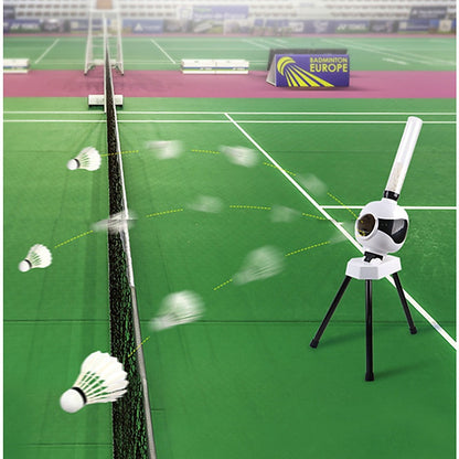 Kid-friendly badminton launcher for home practice, indoors or outdoors. Easy automatic operation.