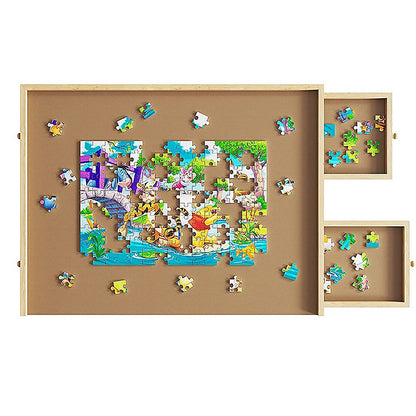 Wooden jigsaw puzzle board with drawers for kids and adults, ideal for home play.