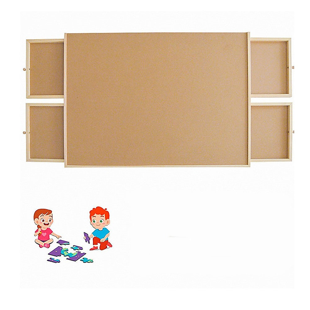 Wooden jigsaw puzzle board with drawers, ideal for fun and educational play at home.