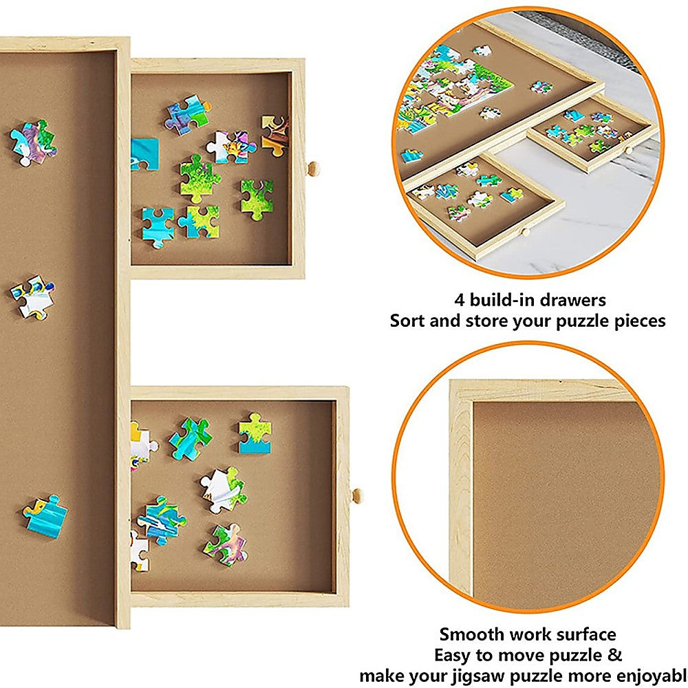 Wooden puzzle board with storage drawers, ideal for kids and adults, enhancing problem-solving skills.