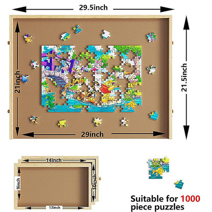 Wooden jigsaw puzzle board with drawers for kids and adults, ideal for home play.