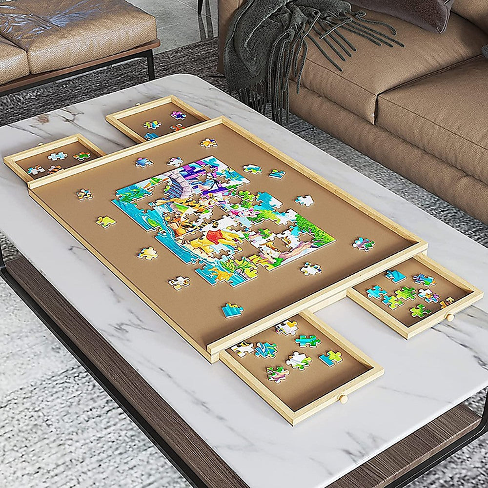 Wooden jigsaw puzzle board with drawers for kids and adults, ideal for family fun.