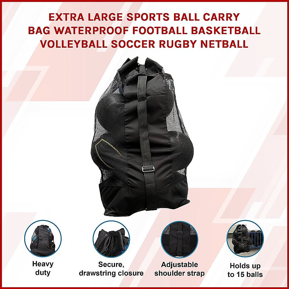 Kids extra large sports ball bag holds up to 15 balls, perfect for home storage.