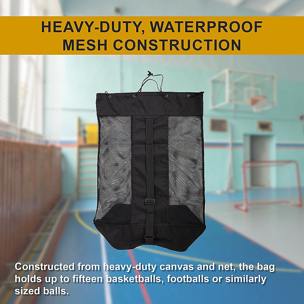 Kid-friendly sports ball bag with 15 ball capacity for easy storage and transport.
