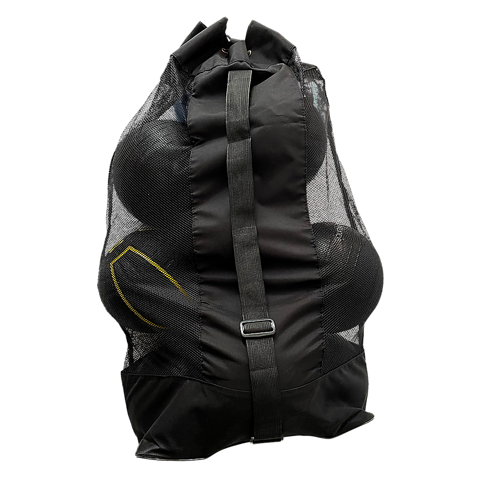 Kids sports ball bag with 15 ball capacity, perfect for organizing sports gear at home.