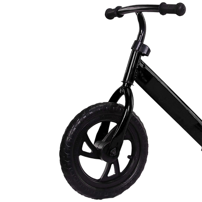 Kids balance bike with adjustable seat, lightweight steel frame for easy indoor/outdoor riding.