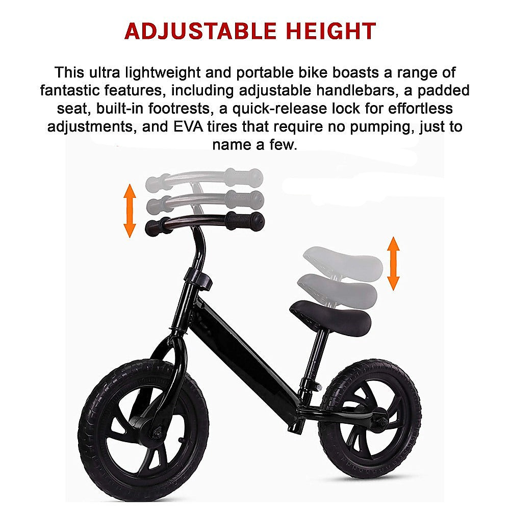 Kids balance bike with adjustable seat and lightweight steel frame for easy home learning.