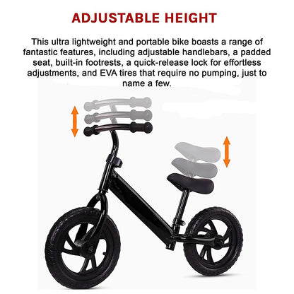 Kids balance bike with adjustable seat and lightweight steel frame for easy home learning.