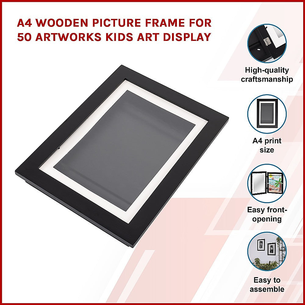 Wooden A4 art frame holds 50 kids artworks, ideal for displaying childrens masterpieces.