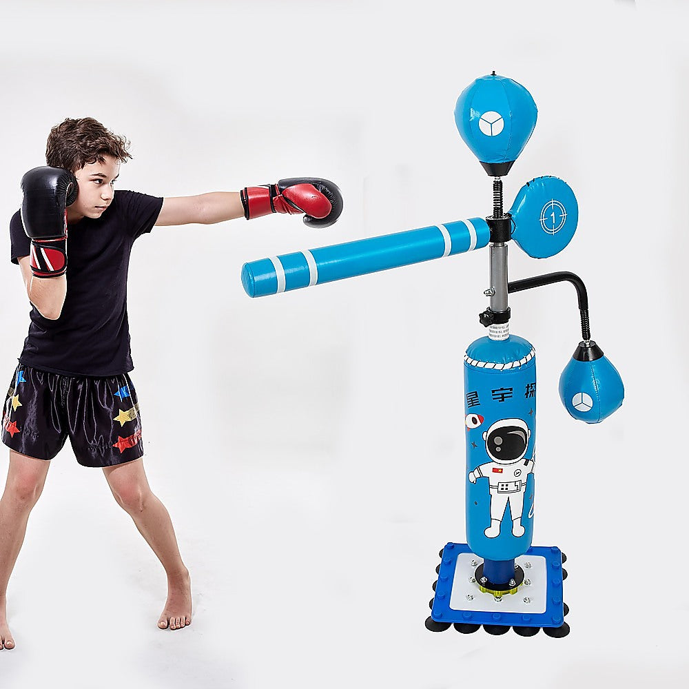 Adjustable kids boxing punching bag stand for home training, promoting exercise and skill-building.