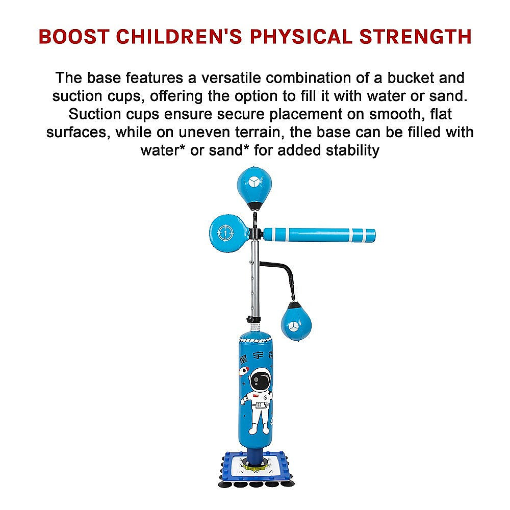 Adjustable kids boxing punch bag stand for home training, promoting motor skills and fitness.