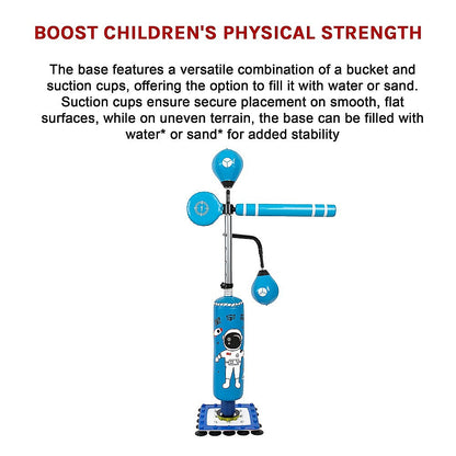 Adjustable kids boxing punch bag stand for home training, promoting motor skills and fitness.