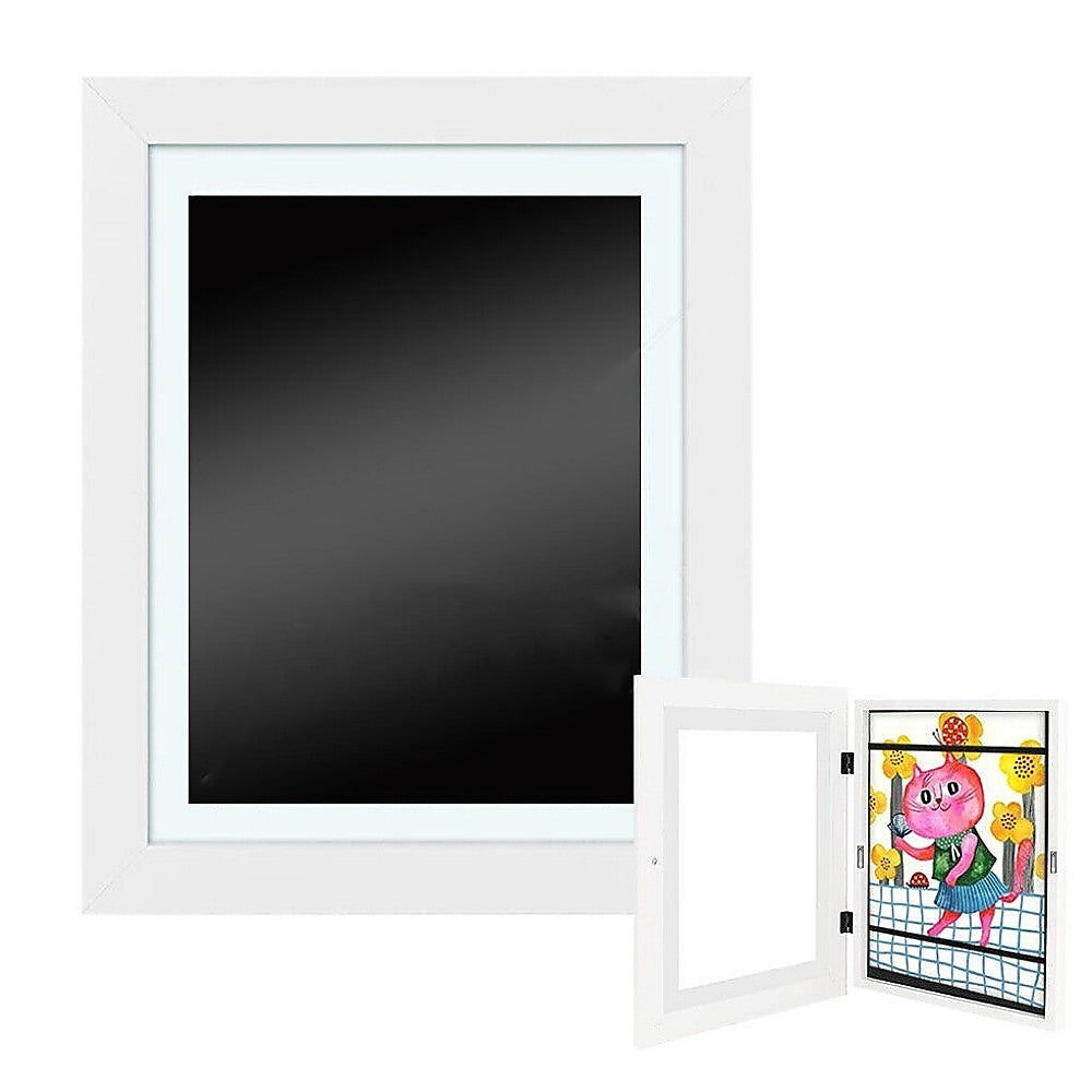 Kids art display frame with magnetic front opening, holds 150 pieces, perfect for showcasing childrens artwork at home.