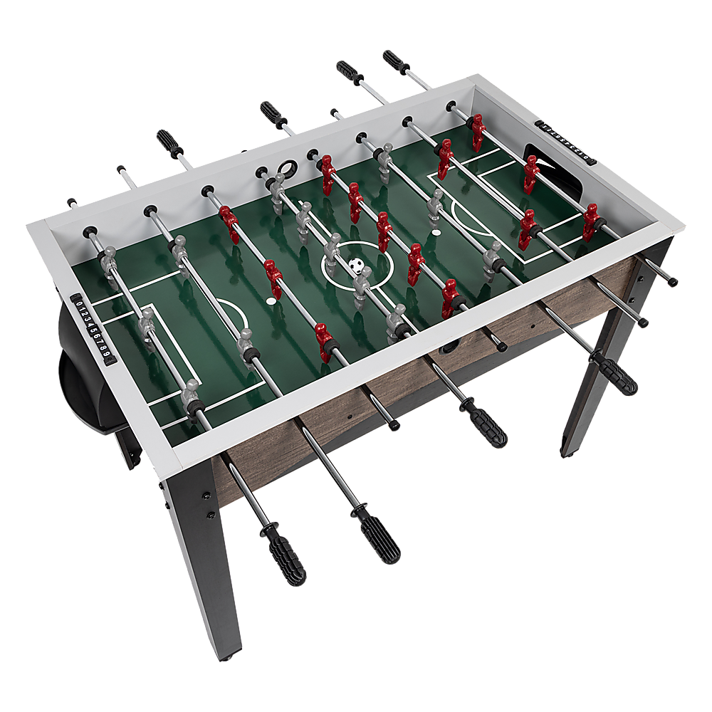 Compact wooden foosball table for kids and adults, suitable for indoor and outdoor play.